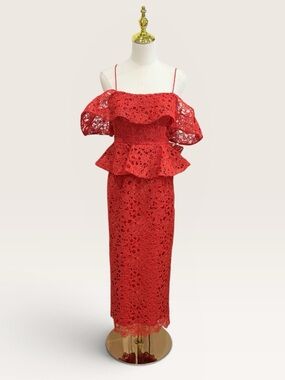 Muse by Marchesa Amaryllis Red Lace Peplum Midi Cocktail Dress Off Shoulder NWT